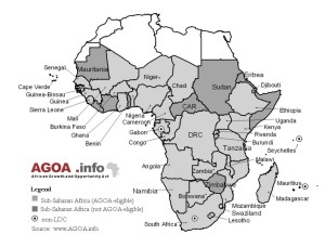 Carte de l'Afrique représentant en nuances de gris les 48 pays subsahariens auxquels la loi sur la croissance et les opportunités en Afrique/African Growth and Opportunity Act (Agoa) est destinée. Les pays éligibles à l'Agoa sont représentés en gris clair, et les pays non-éligibles en gris foncé. Source : www.agoa.info