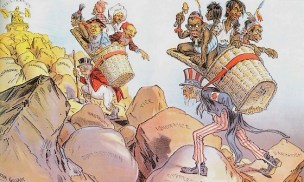 Dessin illustrant le "fardeau de l'homme blanc" (White man's burden), d'après le titre du poème de Rudyard Kipling qui encourage l'entreprise coloniale américaine dans les Philippines. L"Amérique, à l'instar de l'Europe, est invité à endosser ses responsabilités, à porter sa "croix" en conduisant les peuples vers la civilisation.