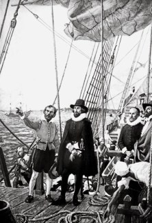 Image représentant John Winthrop aux cotés de l'équipage de l'Arabella. Source : simsonian.com /Bettmann / Corbis)