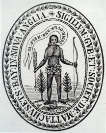 La première version (de 1629) du sceau de la colonie de la baie du Massachusetts, reflétait les intentions - pas que commerciales mais aussi missionnaires - des colons. Un rouleau sortant de la bouche de l'indien representé sur le sceau lui fait dire (à l'endroit des chrétiens anglais) : "Come over and help us" ("Venez et aidez-nous"). L'analogie biblique est évidente et renvoie à "Actes 16 :9" : "Pendant la nuit, (l'apôtre) Paul eut une vision: un Macédonien lui apparut, et lui fit cette prière: Passe en Macédoine, secours-nous !"
