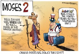 Une des nombreuses caricatures où B. Obama est représenté en un nouveau Moïse, totalement indécis, ne sachant pas quelle direction prendre. L'oncle Sam, excédé pense "Voici venue la partie des 40 ans d'errance dans le désert". Une situation qui n'est pas évoquer la gestion de la crise égyptienne où Obama II semblait incapable de se positionner clairement par rapport au coup d'État des militaires et à la manière de traiter avec le pouvoir intérimaire du général putschiste Al-Sissi (auteur : Jerry Holbert pour le Boston Herald).
