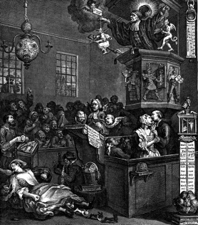 William Hogarth, Crédulité, superstition et fanatisme (Credulity, Superstition and fanaticism), 1762. Cette gravure satirique célèbre de W. Hogarth tournait en dérision le méthodisme et ses fidèles. Le méthodisme était un courant dérivé de l'église anglicane, apparu au cours du premier Grand réveil religieux (milieu du XVIIIe siècle). Ce revivalisme fut l'acte fondateur de l'évangélisme américain. Théologiquement, le méthodisme initié par le pasteur John Wesley se démarquait du calvinisme des puritains à travers la prévalence du libre arbitre et la grâce prévenante de Dieu, par opposition au déterminisme de la prédestination absolue. Dans cette gravure, Wesley est représenté perché en haut d'une chaire, agitant un diable dans une main et une sorcière dans l'autre devant un public en émoi. 